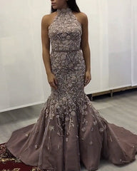 Lace Embroidery Mermaid Prom Dresses Halter Evening Gown