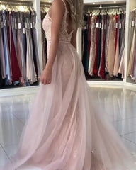 V Neck Long Mermaid Pink Lace Prom Dresses Open Back