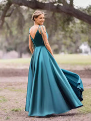 Prom Dresses featuring eye-catching A-line and floor thin shoulder straps, V-neck sleeveless zipper back