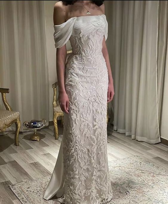 Gorgeous Off Shoulder Appliques Long Prom Wedding Dress