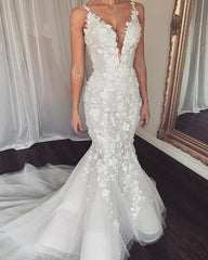 Gorgeous Mermaid Wedding Prom Dresses 3D Floral Appliqued Sweep Train