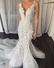 Gorgeous Mermaid Wedding Prom Dresses 3D Floral Appliqued Sweep Train