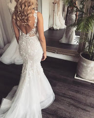 Gorgeous Mermaid Wedding Prom Dresses 3D Floral Appliqued Sweep Train