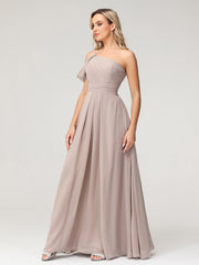 One Shoulder Chiffon Long Bridesmaid Gowns-Taupe