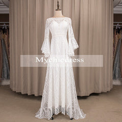 Gorgeous Floor Length Sheath Puffy Sleeves Lace White Wedding Dresses