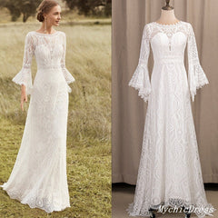 Gorgeous Floor Length Sheath Puffy Sleeves Lace White Wedding Dresses