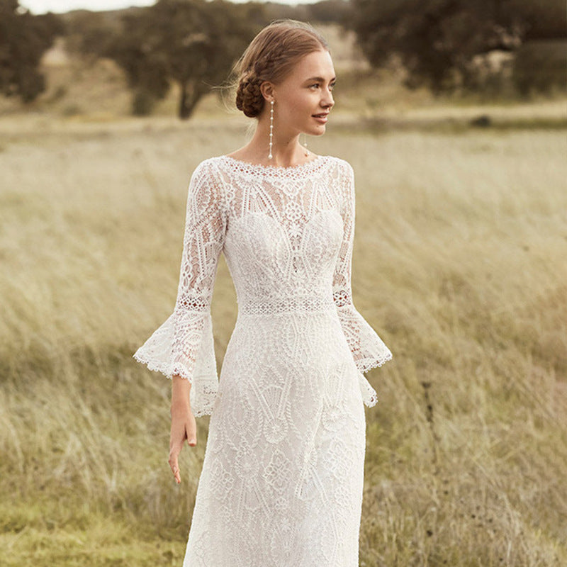 Gorgeous Floor Length Sheath Puffy Sleeves Lace White Wedding Dresses