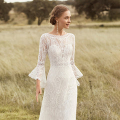 Gorgeous Floor Length Sheath Puffy Sleeves Lace White Wedding Dresses