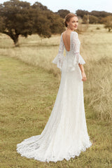 Gorgeous Floor Length Sheath Puffy Sleeves Lace White Wedding Dresses