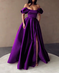 Sexy Off The Shoulder Long Satin Dresses With Slit