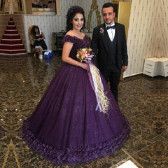 Purple Flower Wedding Dresses Ball Gown V-Neck Off The Shoulder