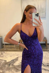 Wholesale Purple Mermaid Deep V-Neck Sequin Prom Dress With Split prom dresses shops