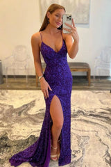 Wholesale Purple Mermaid Deep V-Neck Sequin Prom Dress With Split prom dresses shops