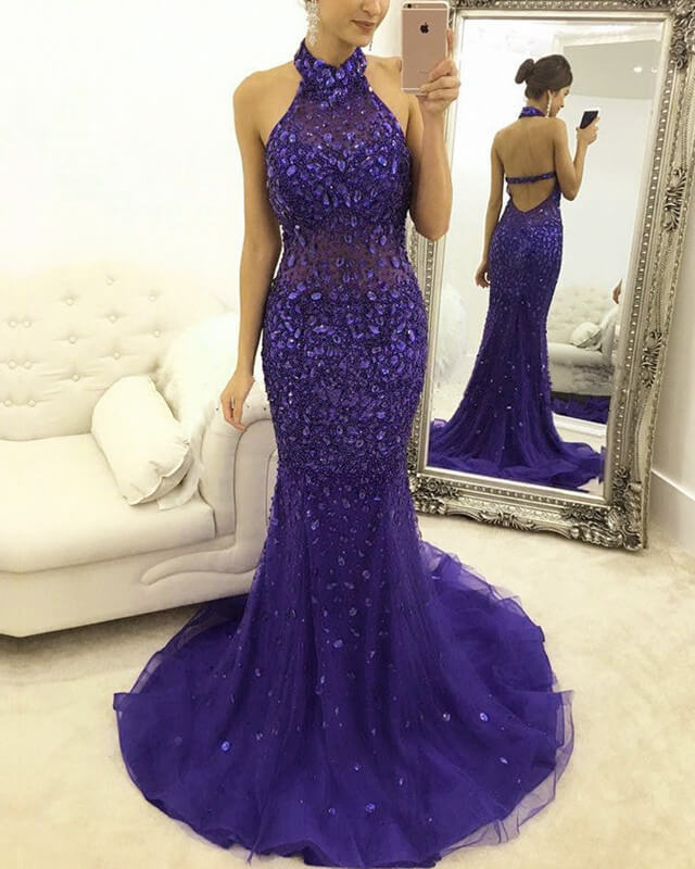 Purple Mermaid Prom Dresses Halter Crystal Beaded