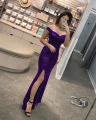 Sparkle Sequin Mermaid Dresses Off Shoulder Leg Slit