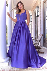Purple A-Line Spaghetti Straps Satin Long Prom Dress with Sleeveless