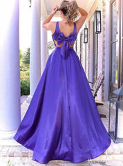 Purple A-Line Spaghetti Straps Satin Long Prom Dress with Sleeveless