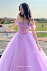 Purple Glitter Tulle Off The Shoulder Sweetheart Ball Gown Prom Dresses, CP0949