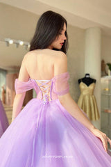 Purple Glitter Tulle Off The Shoulder Sweetheart Ball Gown Prom Dresses, CP0949