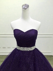 Purple Gorgeous Shiny Tulle Beaded Sweetheart Ball Gown Formal Dresses, Purple Sweet 16 Dresses