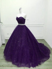 Purple Gorgeous Shiny Tulle Beaded Sweetheart Ball Gown Formal Dresses, Purple Sweet 16 Dresses