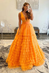 Purple Layered Prom Dresses 2024 Ruffle Plunging Deep V-Neck Tiered Evening Dress