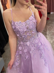 Purple Lilac Appliques Lace Prom Dresses, Purple Lilac Appliques Lace Long Formal Evening Dresses