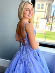 Purple Long Lace Prom Dress with Lace-up Back, Purple Long Lace Formal Evening Dresses