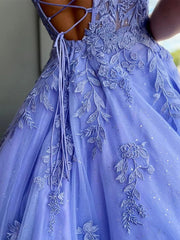 Purple Long Lace Prom Dress with Lace-up Back, Purple Long Lace Formal Evening Dresses