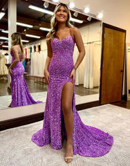 Wholesale Purple Mermaid Corset Back Long Prom Dress With Split prom dresses with long sleeves