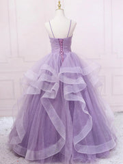 Purple Puffy Tulle Long Prom Dresses, Purple Tulle Long Formal Evening Dresses