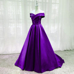 Purple Satin Sweetheart Long Party Dress Prom Dress, Off Shoulder Purple Evening Dress