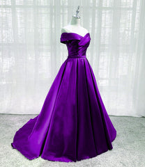 Purple Satin Sweetheart Long Party Dress Prom Dress, Off Shoulder Purple Evening Dress