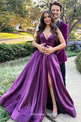 Purple Satin V-neck A-line With Side Slit Fashion Prom Dresses, CP1066