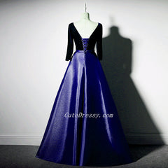 Purple Satin with Velvet Long Party Dress Formal Dress, Purple Evening Dresses