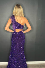 Purple Sequin One Shoulder Prom Evening Dresses Mermaid with Feathers