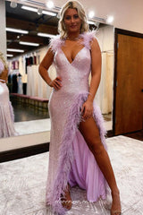 Purple Sequin With Feather V-neck Open Back High Slit Prom Dresses, CP0940