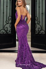 Purple Sequined Spaghetti Strap Mermaid Lace Up Back Prom Dresses, CP0765
