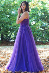 Hot Purple Pearls Tulle Prom Dresses Cheap Long A Line Evening Gowns
