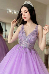 Purple V Neck Tulle Lace Long Prom Dress Purple Tulle Formal Dress TP1158