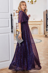 A Line V-Neck Purple Mother of the Bride Dress with Short Sleeves