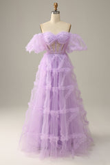 Purple Tulle Off The Shoulder Prom Dress Long Sexy
