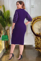 Sheath Round Neck Half Sleeves Plus Size Midi Dress with Beading