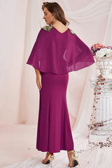 Mermaid V Neck Chiffon Floor Length Dress with Wrap Sleeves