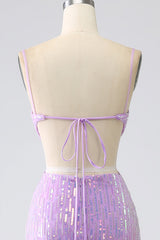 Sparkly Purple Mermaid Spaghetti Straps Sequins Prom Dress with Slit Charming Evening Party Dress