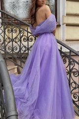 Purple Tulle A Line Long Prom Dress Off The Shoulder Evening Dress TP1087