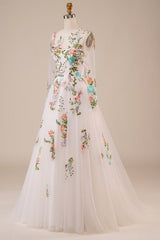 Ivory Flower A-Line Round Neck Sweep Train Wedding Dress with Long Sleeves Beautiful