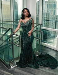 Luxury One Shoulder Satin Beaded Evening Dress Emerald Green Mermaid Prom Dress S204