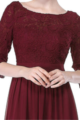 A-line/Princess 3/4 Sleeves V-back Lace Chiffon Long Bridesmaid Dresses