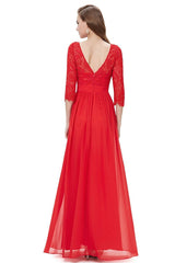 A-line/Princess 3/4 Sleeves V-back Lace Chiffon Long Bridesmaid Dresses